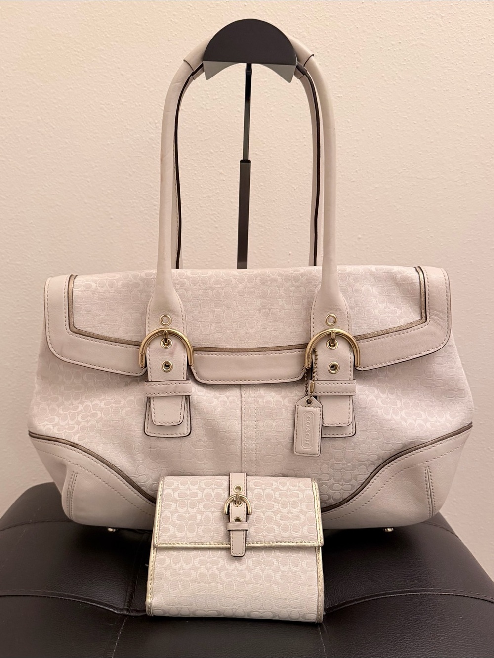 Vintage Coach Flap Satchel Cream Signature C Canvas/Leather with Matching Wallet